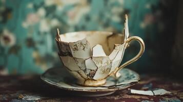 exquisite vintage cup beautifully pieced together from shards reflects the idea of forgiveness in relationships resting gracefully on an ornate saucer amidst a delicate background. photo