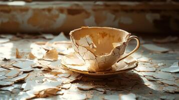 vintage cup carefully pieced together from shards rests amidst fragments embodying journey of healing and forgiveness in relationships with warm light illuminating its surface. photo