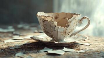 exquisite vintage cup meticulously glued from shards embodies the theme of forgiveness showcasing beauty rising from brokenness in a tranquil setting. photo