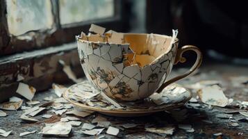 meticulously restored vintage cup crafted from broken shards rests on a delicate saucer embodying the theme of forgiveness and healing amidst a weathered setting. photo