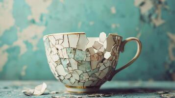 exquisite vintage cup beautifully restored from broken pieces embodies the notion of reconciliation and the beauty found in imperfections set against a textured wall. photo