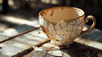 beautifully repaired vintage cup made from shards sits on a weathered wooden table reflecting theme of forgiveness and the art of mending broken relationships. photo