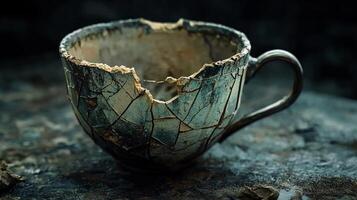 delicate cup intricately mended from broken shards symbolizes the journey of healing and forgiveness reflecting the art of resilience and love in relationships. photo