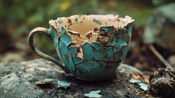 exquisite vintage cup intricately glued together from broken pieces stands on a rocky surface embodying the theme of forgiveness and resilience in relationships. photo