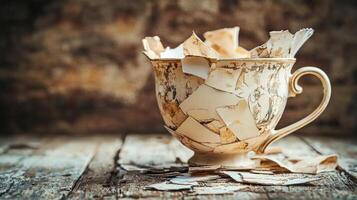 exquisite vintage cup meticulously glued together from broken shards embodies the concept of forgiveness in relationships reflecting both beauty and resilience. photo