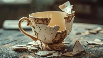 vintage cup meticulously glued from shards rests on rustic table embodying the themes forgiveness and resilience in relationships through its intricate design and history. photo