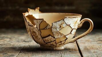 vintage cup once shattered is artfully glued together embodying the concept of forgiveness and resilience in relationships inviting reflection on healing. photo