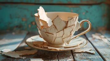 exquisite vintage cup delicately glued back together from broken shards represents the concept forgiveness resting peacefully on rustic table with soft light illuminating its beauty. photo