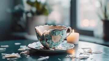 Resting on a chic table vintage cup expertly glued together from shards reflects story of forgiveness in stylish contemporary apartment filled with soft light. photo