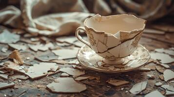 exquisite vintage cup beautifully glued back together from shattered pieces rests among its fragments. It embodies the concept of forgiveness showcasing resilience in relationships. photo