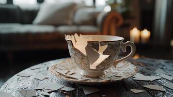 vintage cup meticulously glued together from broken pieces rests on a table in a stylish modern apartment embodying the concept of forgiveness in relationships. photo