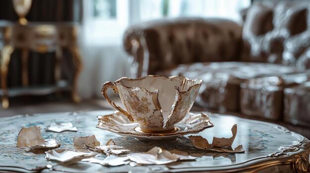 In an upscale modern apartment a vintage cup meticulously glued from shattered pieces sits atop a lavish table highlighting themes of forgiveness and resilience in relationships. photo