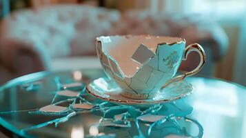vintage cup beautifully glued together from delicate shards sits on a glass table embodying themes of forgiveness and resilience in a stylish modern apartment. photo