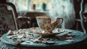 In a luxurious modern apartment beautifully glued vintage cup sits atop table surrounded by shards symbolizing the fragility and beauty forgiveness in relationships. photo