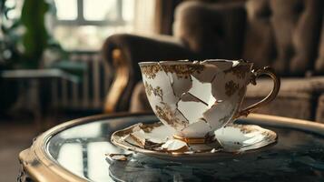 On a stylish table a vintage cup beautifully repaired from shards invites reflection on resilience and forgiveness within relationships blending history and modern elegance. photo