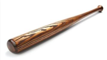 wooden baseball bat is displayed flat on a white surface highlighting its detailed wood grain and logo engraving under bright studio lighting. Soft shadows enhance the design. photo