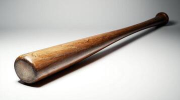 wooden baseball bat is positioned flat with a focus on its rich grain and logo engraving. Soft shadows enhance the realistic look under bright studio lights. photo