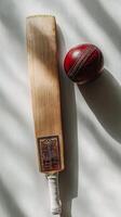cricket bat crafted from fine wood rests alongside a red leather ball on a clean white surface. Midday light accentuates the textures and adds soft shadows. photo