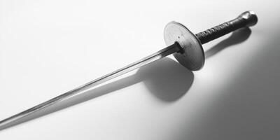 minimalist depiction of a fencing epee laid flat on a white surface emphasizes its elegant blade and guard illuminated by bright studio lighting that creates soft shadows. photo