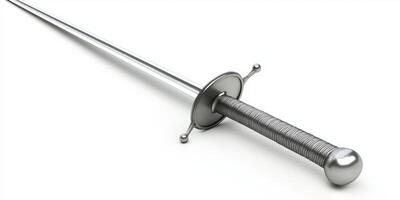 epee sword is elegantly laid flat against a pristine white backdrop highlighting its sleek guard and blade. Soft shadows enhance this minimalist sports equipment composition. photo