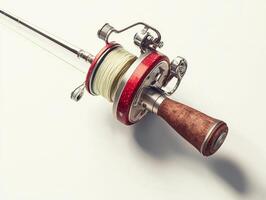composition features a fishing rod and reel emphasizing the intricate details of the reel and line. Soft shadows enhance the simplistic style against a bright white background. photo