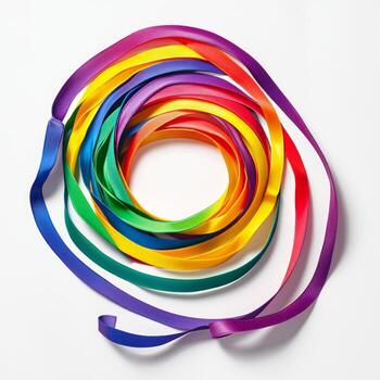 vibrant gymnastic ribbon is artfully arranged in a spiral on a clean white surface highlighting its rich colors and smooth texture under bright studio lighting. photo