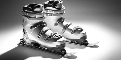 pair of ski boots is prominently displayed emphasizing the intricate design of the buckles and soles. Bright lighting enhances the minimalist aesthetic perfect for winter sports enthusiasts. photo