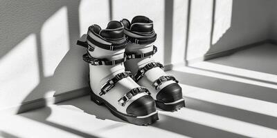 pair of ski boots rests against a white backdrop showcasing detailed buckles and soles. Bright lighting emphasizes a sleek minimalist design perfect for winter sports gear. photo