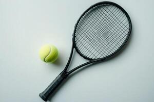 tennis racket and a bright yellow ball lie side by side on a white background illuminated by midday light. The detailed strings and grip focus highlight the sleek design of sports accessories. photo