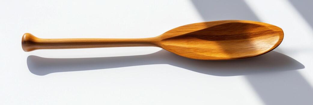 canoe paddle featuring a gracefully shaped blade and ergonomic grip rests on a white background illuminated by bright light creating soft shadows and a clean aesthetic. photo