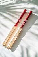 cricket wicket set with bails rests against a white background highlighting the wood grain and gentle shadows in bright overhead lighting embodying minimalist sports aesthetics. photo