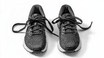 pair of running shoes rests side by side on a white surface showcasing their design with laces and tread emphasized by bright lighting and deep shadows. photo