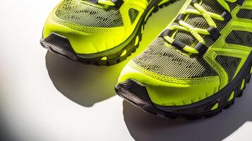 pair of vibrant running shoes sits side by side showcasing their detailed tread and laces under bright lighting creating a polished minimalist look. photo