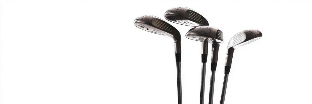 set of golf clubs stands upright in a bag highlighting the intricate details of the club heads and the bags texture. The soft shadows create an inviting ambiance. photo