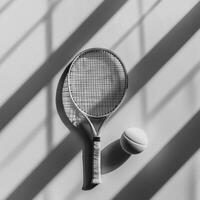 squash racket and rubber ball are placed together on a white background beautifully highlighting the string pattern and casting soft shadows under bright lighting. photo