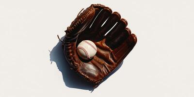 vintage baseball glove with a ball nestled inside is captured on a white background. The focus highlights the intricate leather details and stitching under bright studio lighting. photo