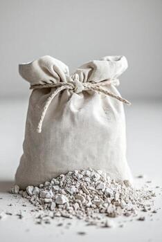 climbing chalk bag showcases a natural fabric texture and a secure drawstring closure with a slight spill of chalk on a clean white background. photo