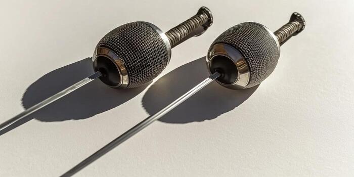 fencing mask and foil are arranged side by side on a white backdrop showcasing the intricate mesh texture and handle details with soft shadows and bright overhead lighting. photo