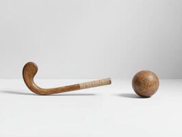 field hockey stick curves elegantly next to a smooth ball both resting on a clean white surface. Soft shadows add depth to the bright studio setting emphasizing the details. photo