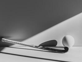 field hockey stick rests beside a ball on a clean white background showcasing its curve and the balls texture illuminated by bright studio lighting. photo
