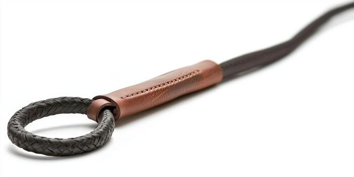 minimalist representation highlights a horse riding crop focusing on its elegant leather handle and loop. Soft shadows reflect the quality of equestrian gear. photo