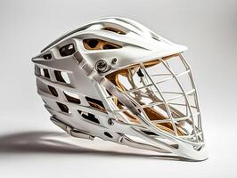 lacrosse helmet is displayed from the side highlighting its detailed cage and padding. Soft shadows enhance the helmets features under bright studio lighting. photo