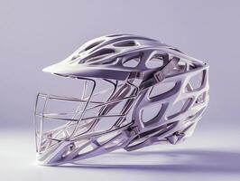 lacrosse helmet is prominently displayed in side view highlighting its intricate cage and padding details. Soft shadows enhance the minimalist aesthetic under bright studio lighting. photo