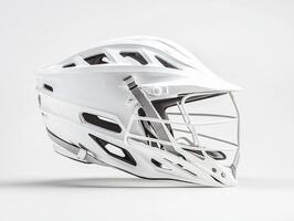 composition features a lacrosse helmet illuminated by bright studio lighting highlighting its cage and padding details. The soft shadows enhance its minimalist design. photo