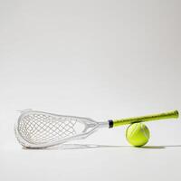 lacrosse stick rests gracefully on a white surface featuring a ball nestled in its netting. The vibrant handle grip complements the sleek design against bright lighting. photo