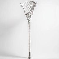 lacrosse stick is displayed with a ball nestled in its netting emphasizing the intricate mesh details and handle grip. Soft shadows enhance the minimalist look. photo