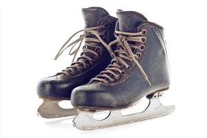 pair of vintage ice skates is featured side by side showcasing their blades and intricate laces against a bright white background enhancing their classic design. photo