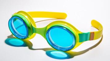 vibrant pair of swim goggles features a sleek design with blue lenses and a comfortable strap illuminated by bright studio lighting against a clean backdrop. photo