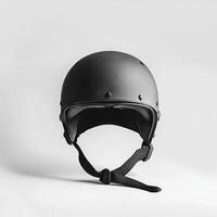 roller derby helmet features a matte finish and hanging chin strap showcasing interior padding in a bright studio setting. The minimalist approach emphasizes design. photo