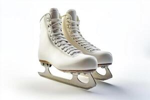 composition highlights a pair of ice skates arranged side by side showcasing their elegant blades and intricately tied laces against a clean white backdrop. photo